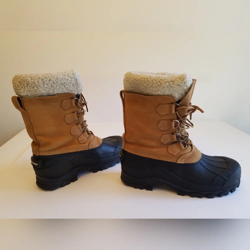Polaris Men's Leather Insulated Boots Lined Sherpa Trim Size 8 Black Tan